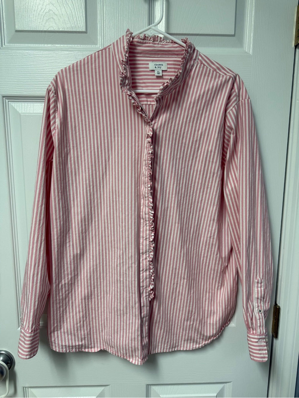 crown & ivy Pink and White Striped Ruffle-Trim Button Shirt